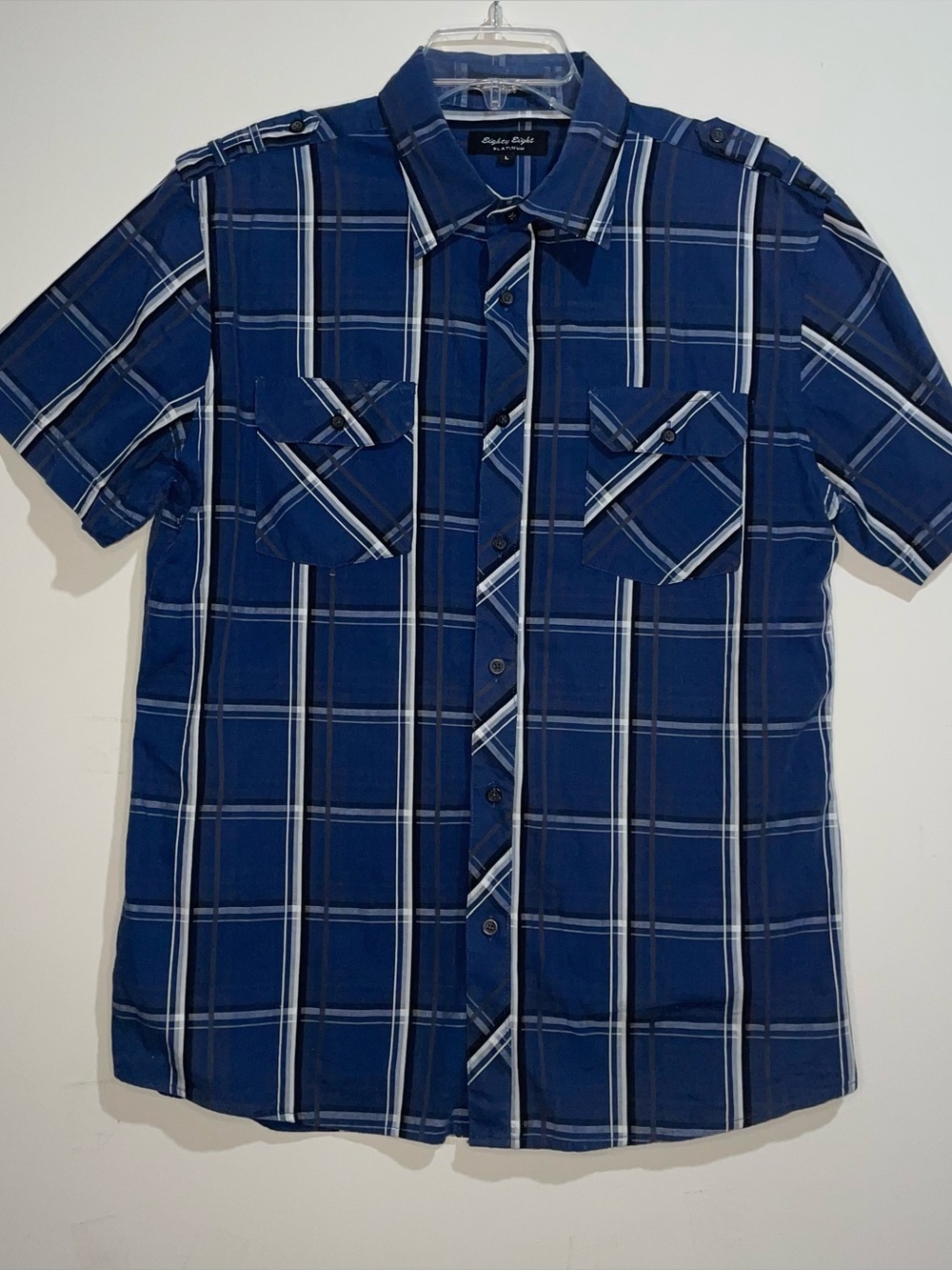 Eighty Eight Platinum Blue Black White Plaid 100% Cotton Short Sleeve Button Up